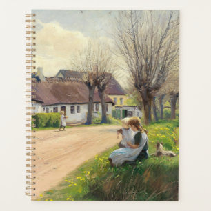 Frühling im Dorf mit Mädchen auf der Straße Planer