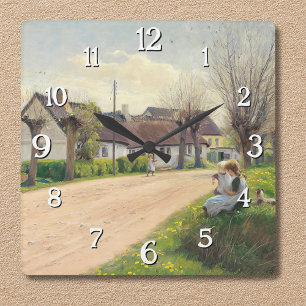 Frühling im Dorf mit Mädchen auf der Straße Quadratische Wanduhr
