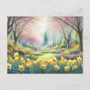 Frühling im Park mit blühenden Affodien Postkarte
