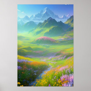 Frühling im Tal der Schneegipfel Poster