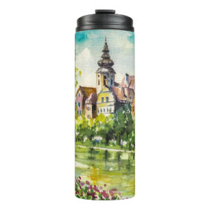Frühling in der kleinen Stadt am Fluss Thermosbecher