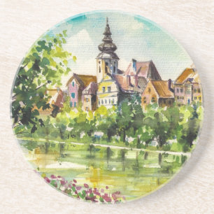 Frühling in der kleinen Stadt auf dem Fluss Getränkeuntersetzer