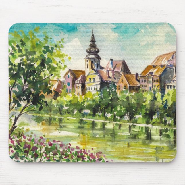 Frühling in der kleinen Stadt auf dem Fluss Mousepad (Vorne)