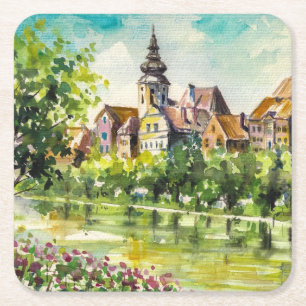 Frühling in der kleinen Stadt auf dem Fluss Rechteckiger Pappuntersetzer