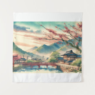 Frühling in einer Wasserfarbenlandschaft des japan Wandteppich
