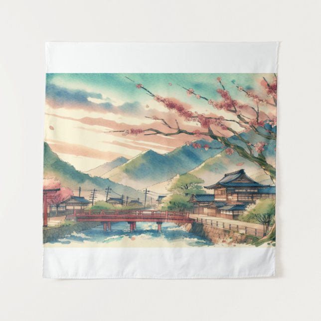 Frühling in einer Wasserfarbenlandschaft des japan Wandteppich (Vorderseite)