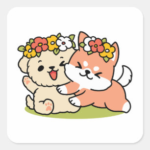 Frühling in Farbe - Adorable Hunde Illustration Quadratischer Aufkleber