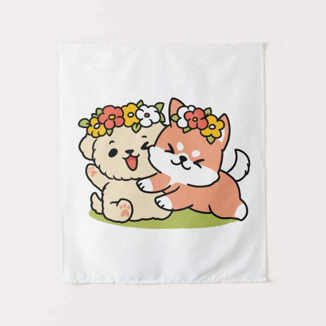 Frühling in Farbe - Adorable Hunde Illustration Wandteppich (Vorderseite)