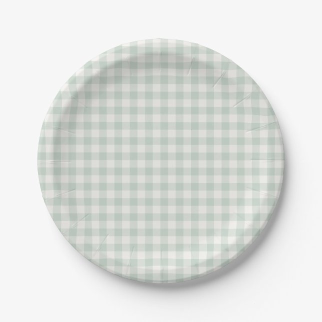 Frühling Klassisches Gingham | Gedämpftes Salbei Pappteller (Vorderseite)