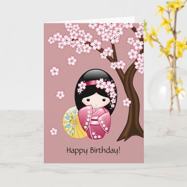 Frühling Kokeshi Puppe - niedlicher Karte (Gelbe Blume)
