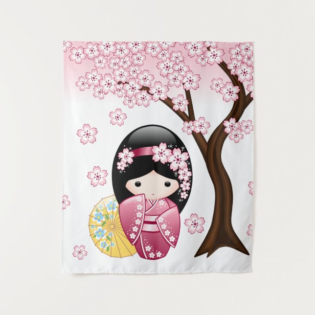 Frühling Kokeshi Puppe - niedliches japanisches Wandteppich (Vorderseite)