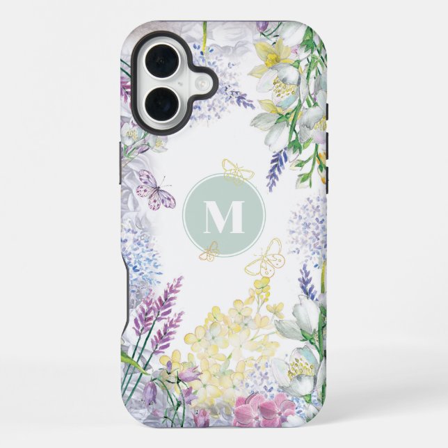 Frühling Monogramm mit Pastellblumen iPhone 16 Plus Hülle (Rückseite)
