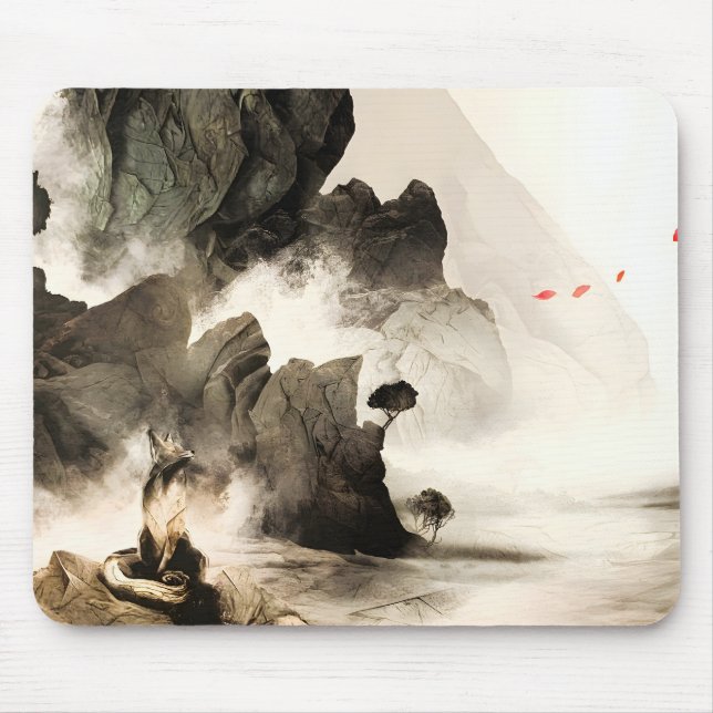 Frühling Mystischer Fuchs Nebeliger Berg Minimalis Mousepad (Vorne)