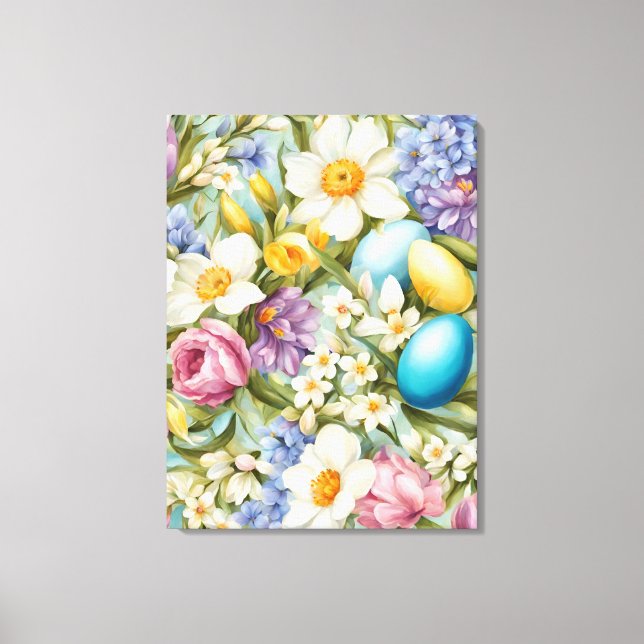 Frühling. Narzissen, Hyazinthen, Tulpen, Ostereier Leinwanddruck (Vorderseite)