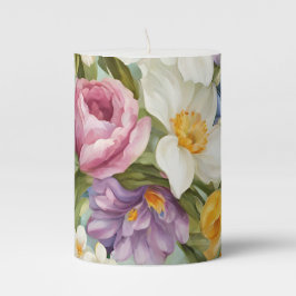 Frühling. Narzissen, Hyazinthen, Tulpen, Ostereier Stumpenkerze