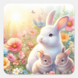 Frühling Osterhase Familie Floral Garten Quadratischer Aufkleber