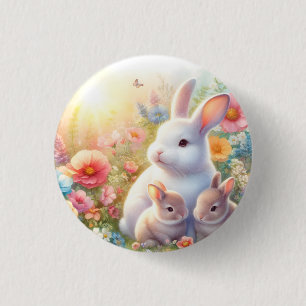 Frühling Osterhasen-Familie Blumen Garten Button