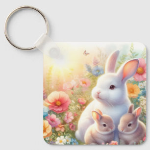Frühling Osterhasen-Familie Blumen Garten Schlüsselanhänger