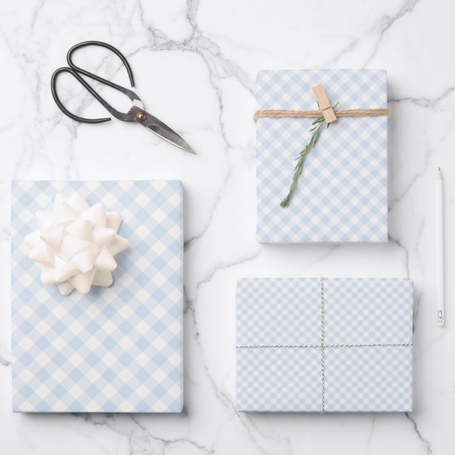 Frühling Retro Gingham | Puderblau Geschenkpapier Set (Vorderseite)