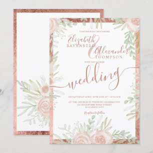 Frühling Rosa Rose Goldbord Weißes Hochzeitsfest Einladung