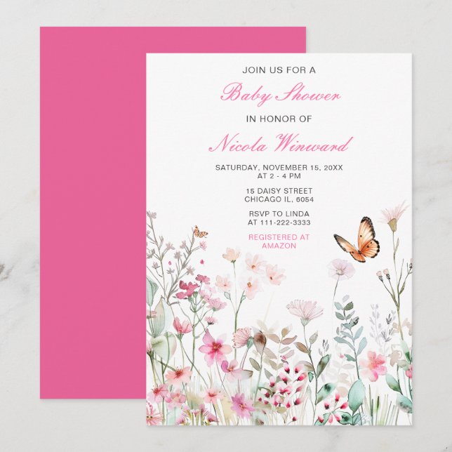Frühling Tief rosa Schmetterling Floral Baby Dusch Einladung (Vorne/Hinten)