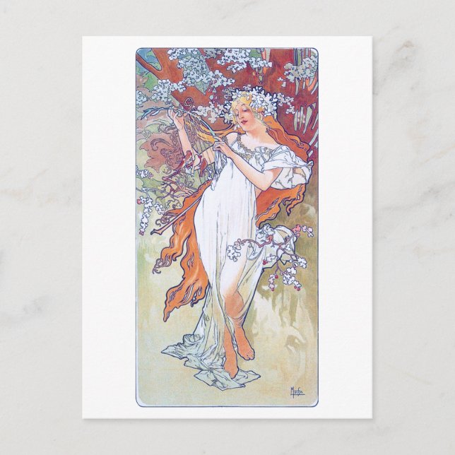 Frühling (vier Jahreszeiten), Alphonse Mucha Postkarte (Vorderseite)