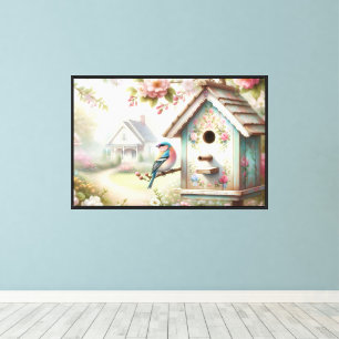 Frühling Vogelhaus mit pastellfarbenen Blumen und Leinwanddruck