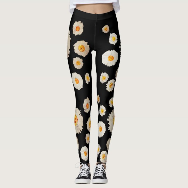 FrühlingCustom Leggings, White Daisises Blumenkuns Leggings (Vorderseite)