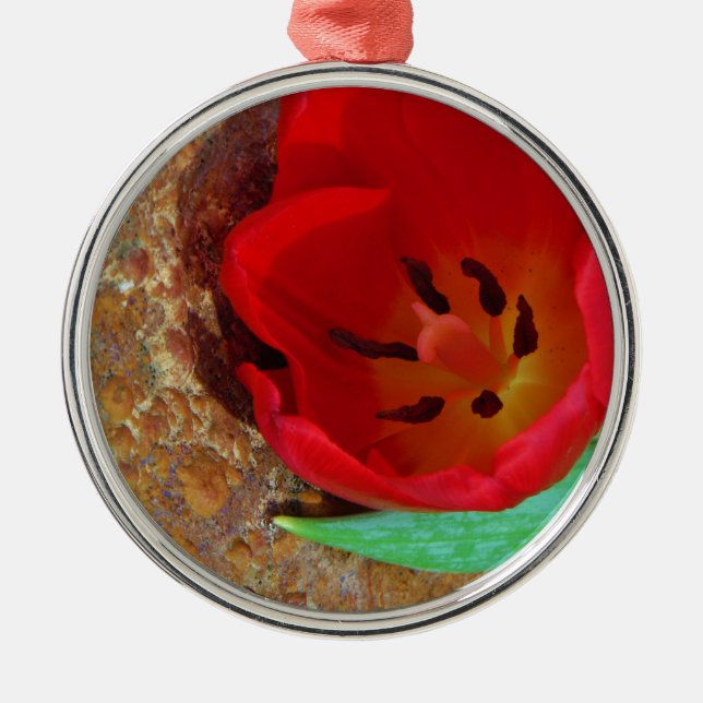 Frühlinggelb und Roter Tulip Ornament Aus Metall (Vorne)