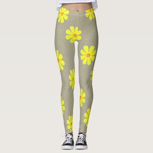Frühlinggelbe Blumen auf abstraktem grauen Hinterg Leggings (Vorderseite)