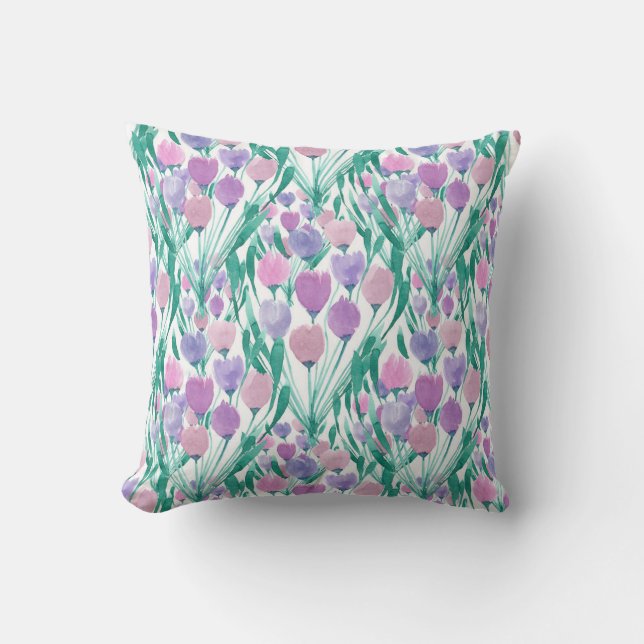 Frühlingrosa Lila Tulip Floral Wasserfarbe Kissen (Vorderseite)