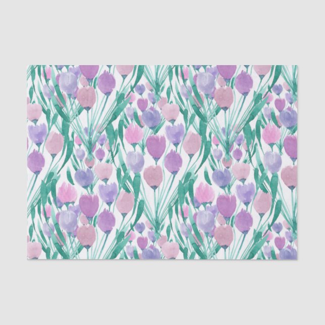Frühlingrosa Lila Tulip Floral Wasserfarbe Seidenpapier (Vorderseite)