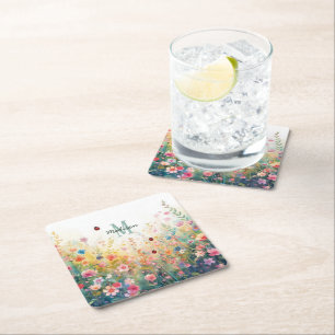 Frühlings-Aquarell-Marienkäfer-Blumen-Monogramm Wi Rechteckiger Pappuntersetzer