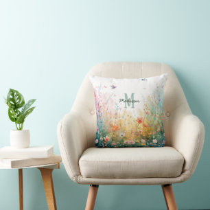 Frühlings-Aquarell-Vögel Florales Monogramm Wildbl Kissen