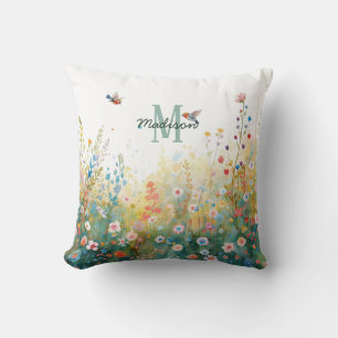 Frühlings-Aquarell-Vögel Florales Monogramm Wildbl Kissen