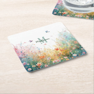 Frühlings-Aquarell-Vögel Florales Monogramm Wildbl Rechteckiger Pappuntersetzer