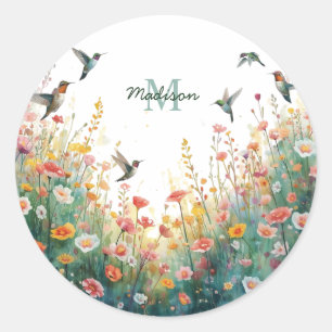Frühlings-Aquarell-Vögel Florales Monogramm Wildbl Runder Aufkleber