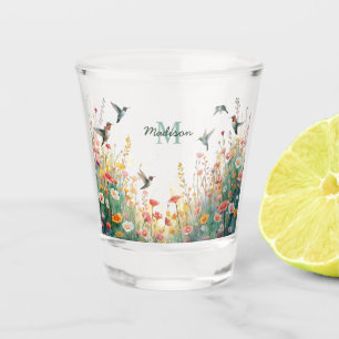 Frühlings-Aquarell-Vögel Florales Monogramm Wildbl Schnapsglas