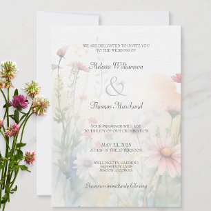 Frühlings-Aquarell-Wildblumen-Silhouette-Hochzeit Einladung