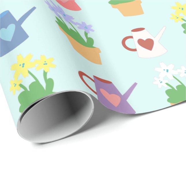 Frühlings-Bewässerungs-Dosen-und Pflanzen-Muster Geschenkpapier (Rolleneckpunkt)