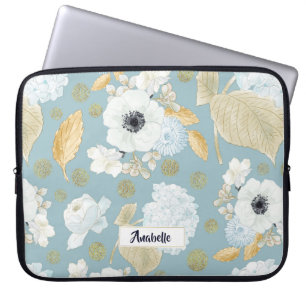 Frühlings-blaues u. weißes Blumenmuster-Monogram Laptopschutzhülle