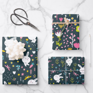 Frühlings-Blumen-Hasen-Geschenkpapier-Set aus 3 Geschenkpapier Set