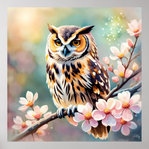 Frühlings-Eule, rosa Blüten Poster