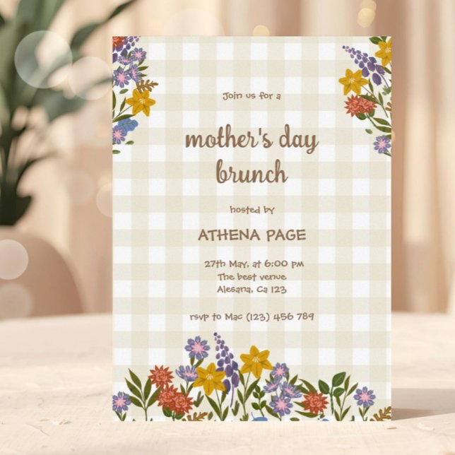 Frühlings-Gingham-Blumen-Muttertag Einladung (Mother’s Day Brunch Invitation Template | Floral Mother's Day Invite | Editable Mother's Day Event I)
