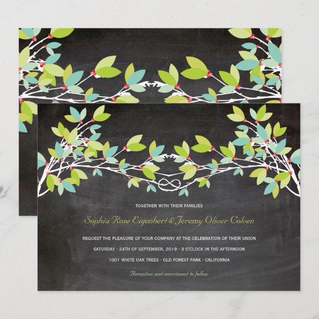 Frühlings-Grün geknotete Liebe-Baum-Tafel-Hochzeit Einladung (Vorne/Hinten)