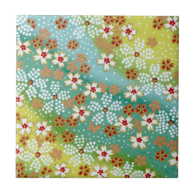 Frühlings-Kirschblüte-Kirschblüte blaues gelbes Fliese (Vorderseite)