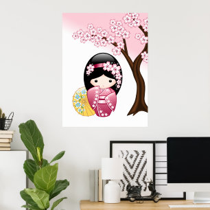 Frühlings-Kokeshi-Puppe - Süße japanische Geisha Poster
