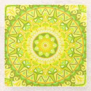 Frühlings-Mandala Grün Gelb Floral Boho Getränk Glasuntersetzer