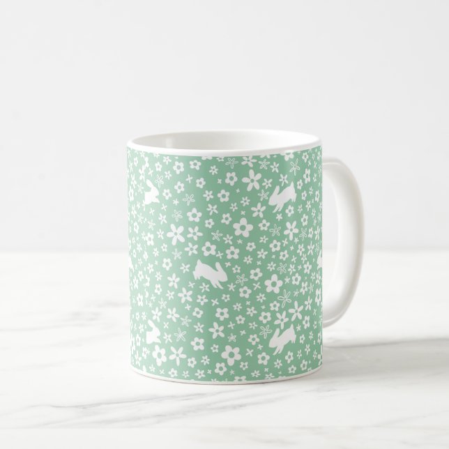 Frühlings-Mintgrüner-Blumen-Hase Kaffeetasse (VorderseiteRechts)