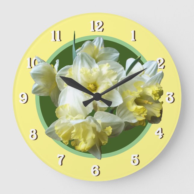 Frühlings-Narzissen-weiße gelbe Narzissen-Blumen Große Wanduhr (Vorderseite)